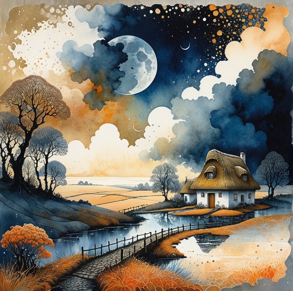 Serene landscape with cottage by calm river at twilight