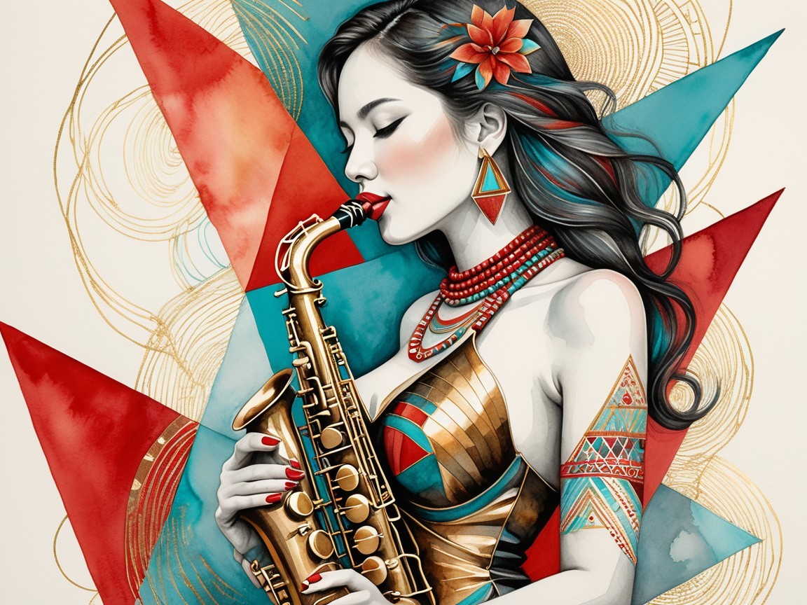 Vibrant Illustration of Woman Playing Saxophone