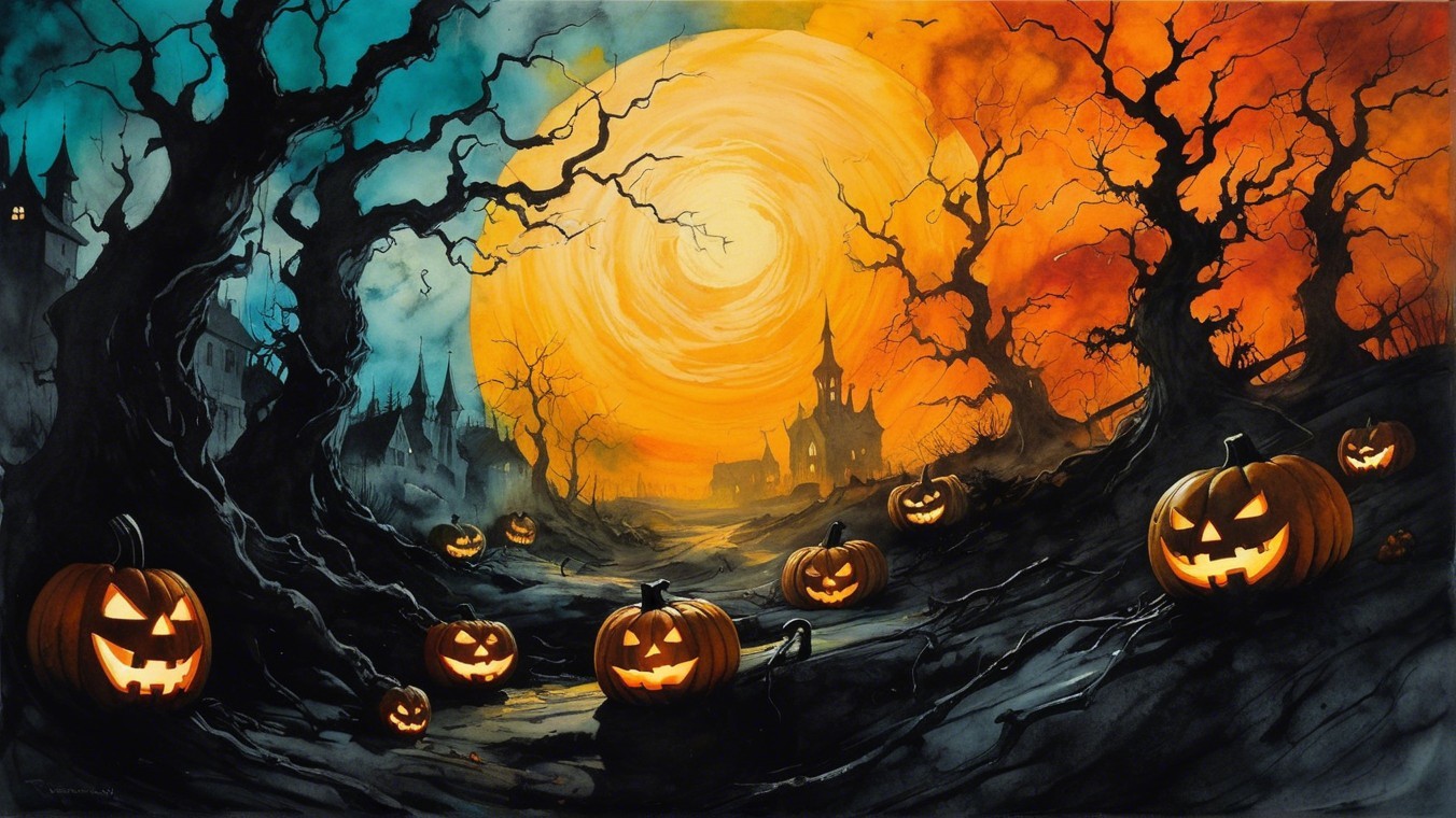 Spooky Halloween Landscape with Haunted Castle and Moon