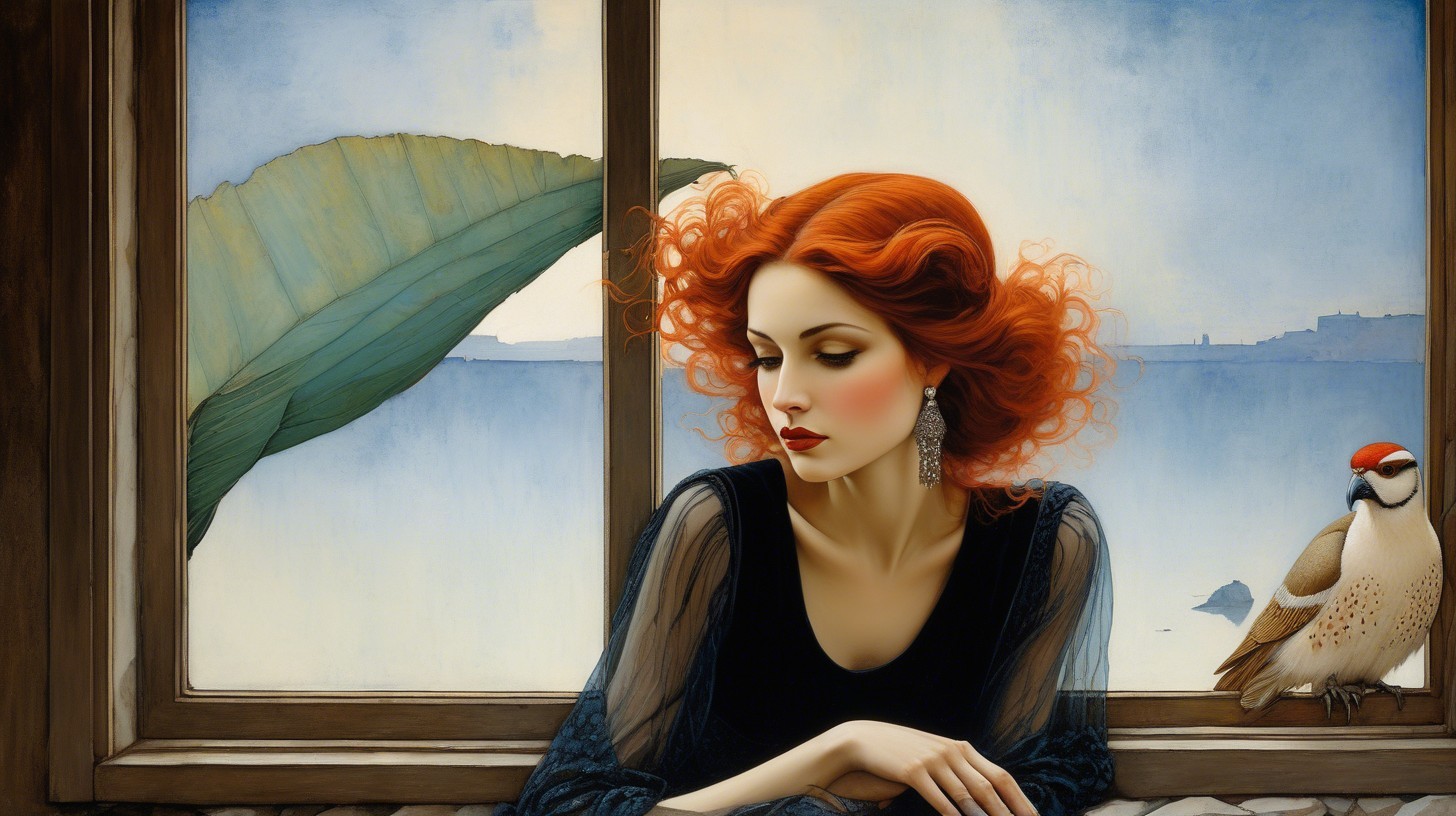 Vibrant Painting of Woman by Window with Serene View