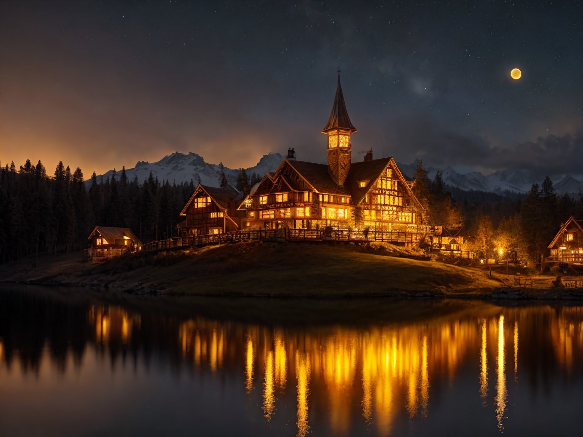 Wooden Lodge by Tranquil Lake Under Starry Sky