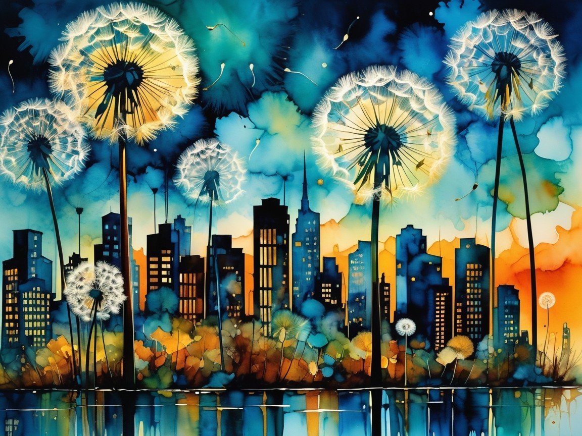 Vibrant City Skyline at Sunset with Dandelions