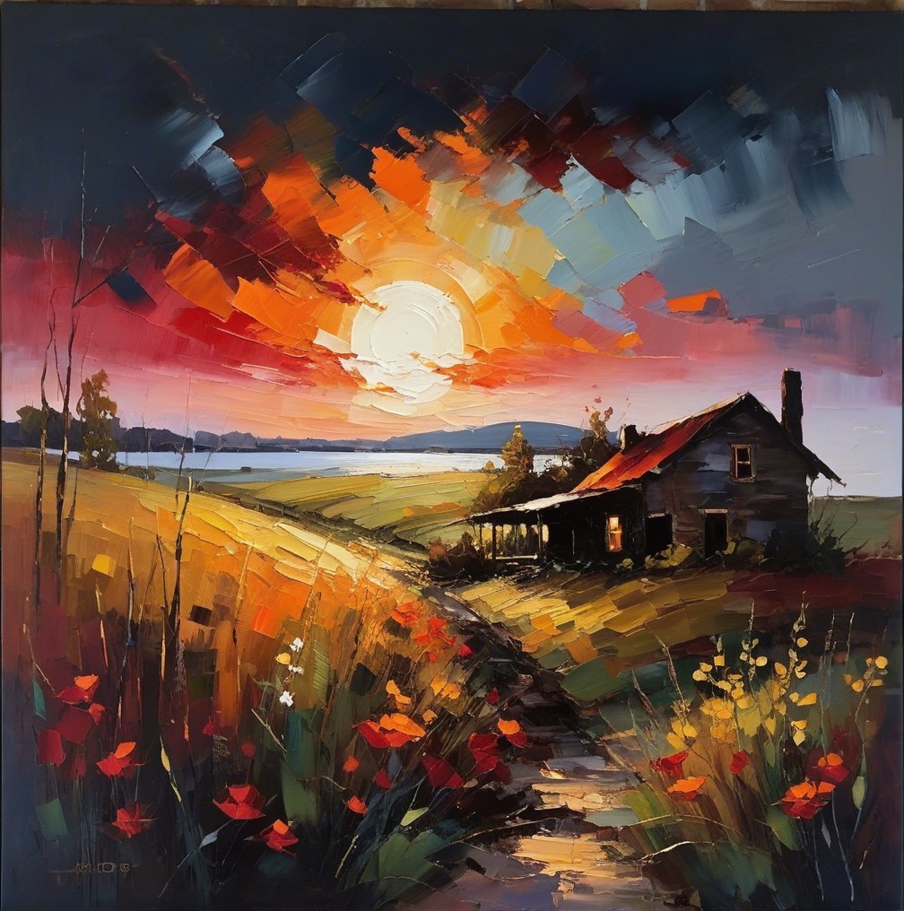 Serene Rural Landscape at Sunset with Farmhouse