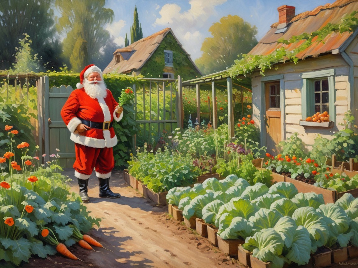 Santa Claus in a Garden with Orange Flowers and Carrots