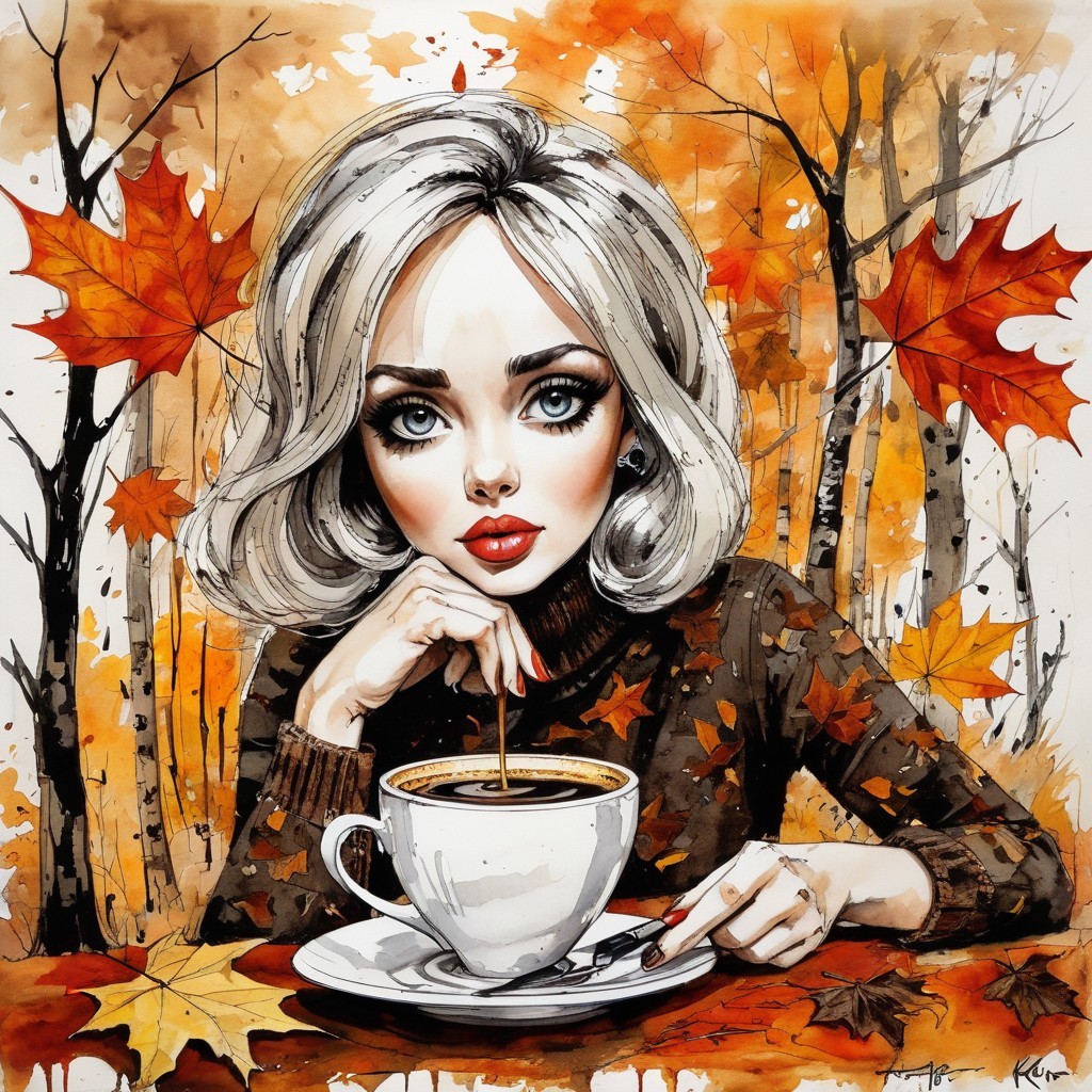 Young woman with coffee amidst autumn leaves