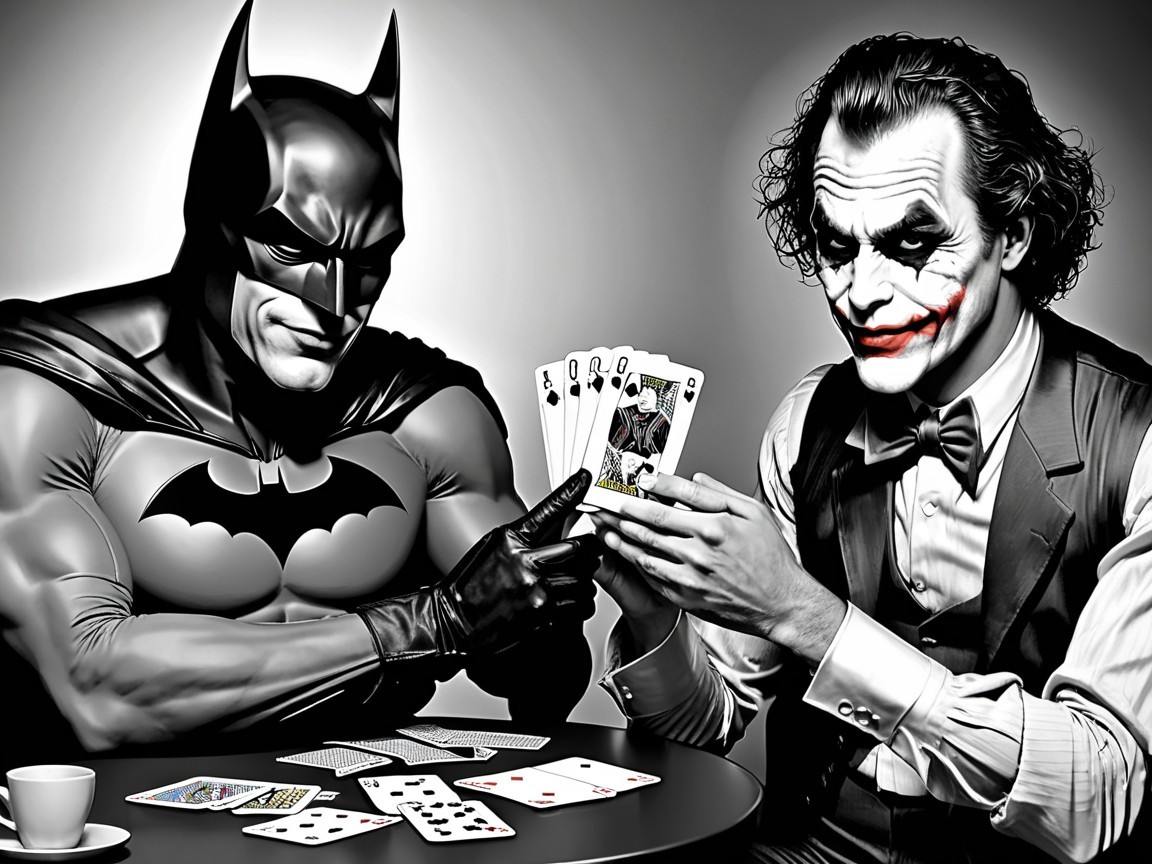 Batman and Joker Playing Cards in Black-and-White Scene