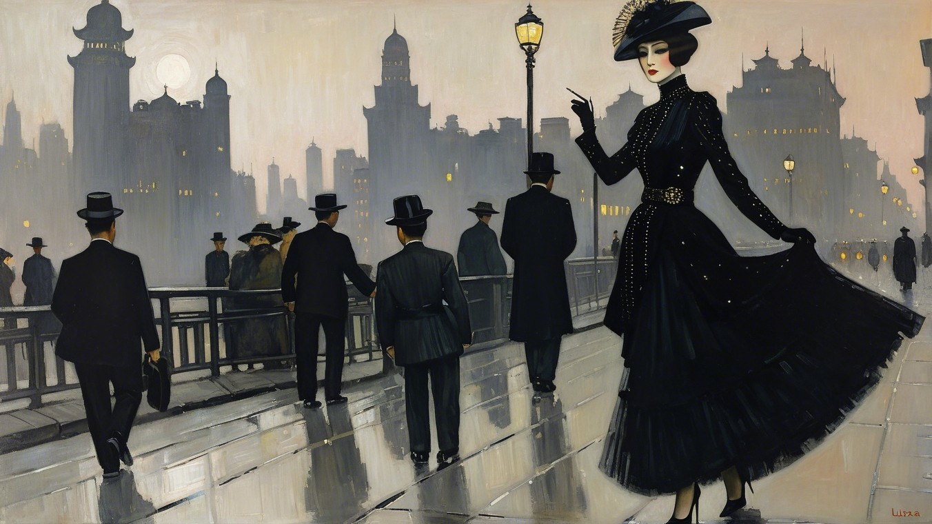 Fashionable Woman in Black Dress in Cityscape