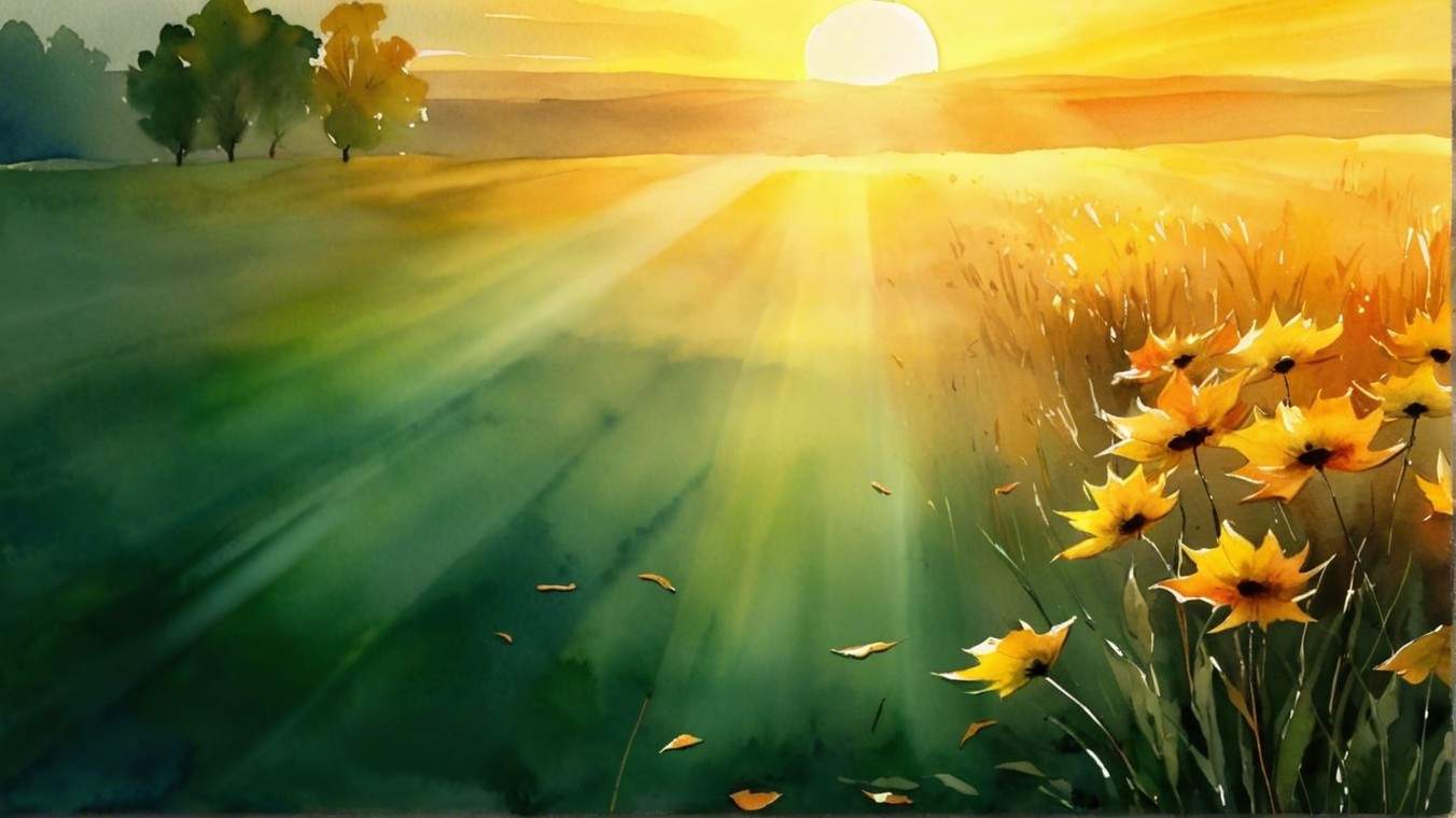 Serene Landscape with Golden Sunset and Vibrant Flowers