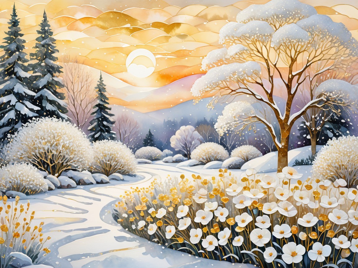 Watercolor of a winter landscape with flowers and sun