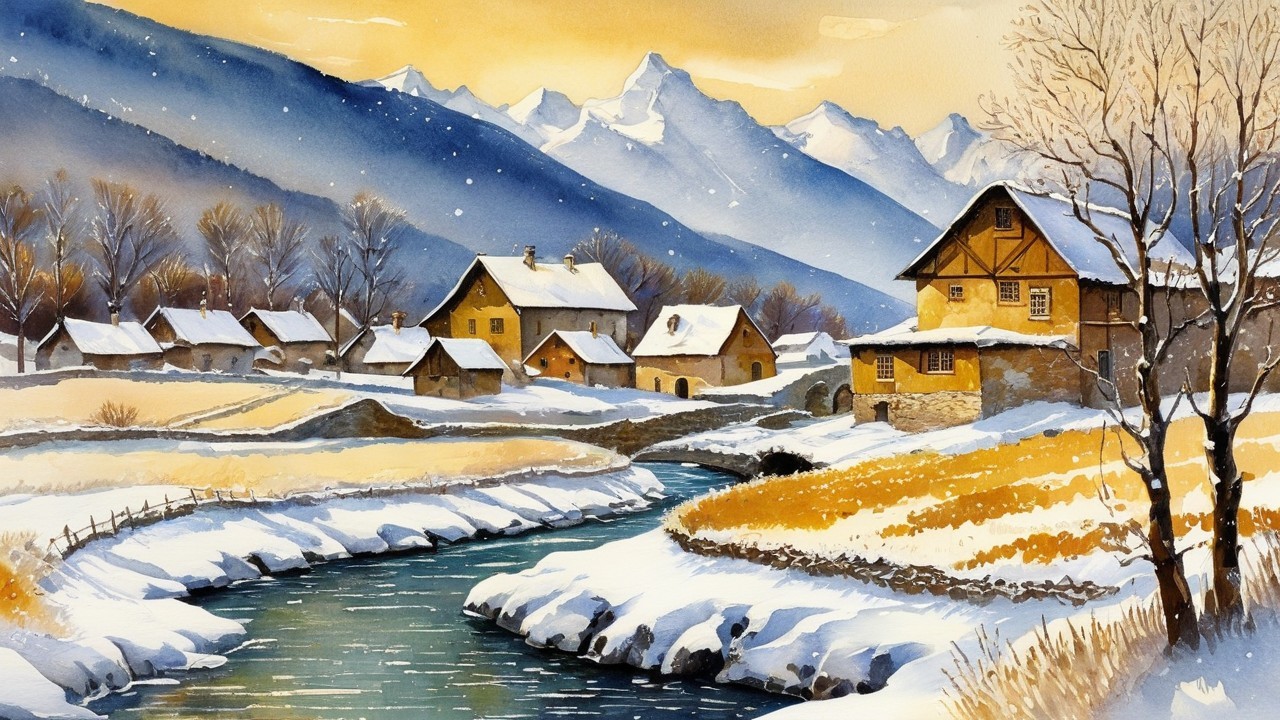 Watercolor Painting of a Winter Village Landscape