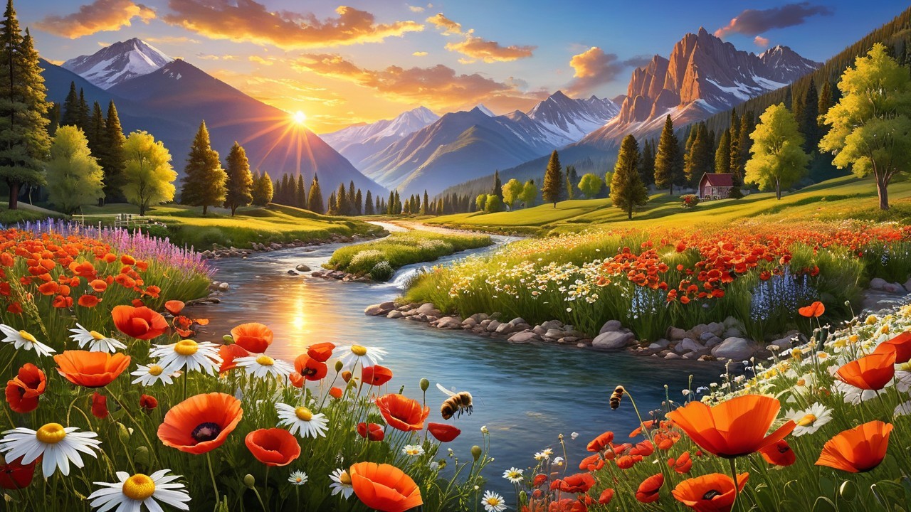 Serene Landscape with Poppies, River, and Mountains