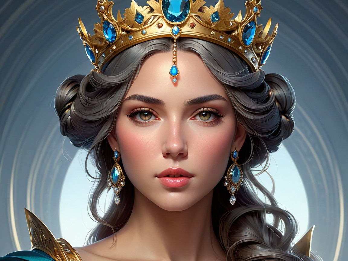 Regal queen with silver hair and golden crown