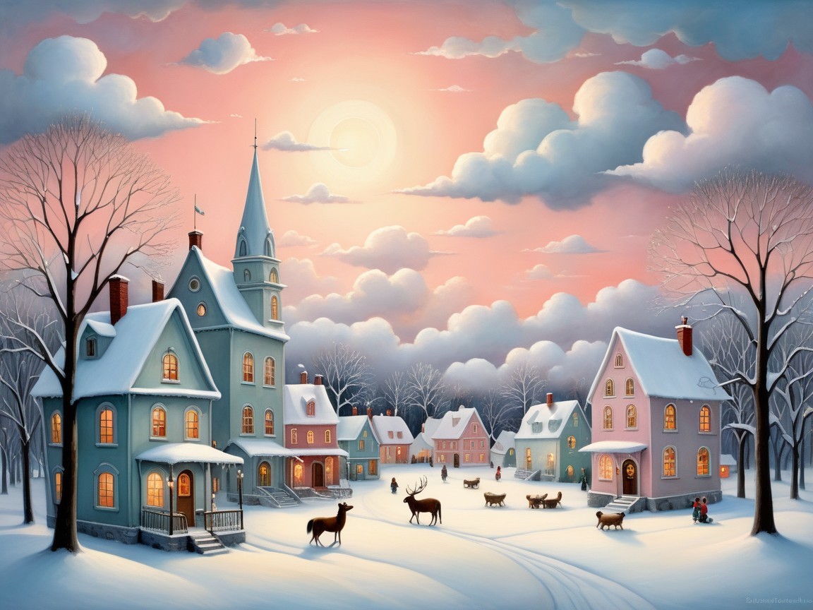 Winter Village Scene with Snow and Colorful Houses