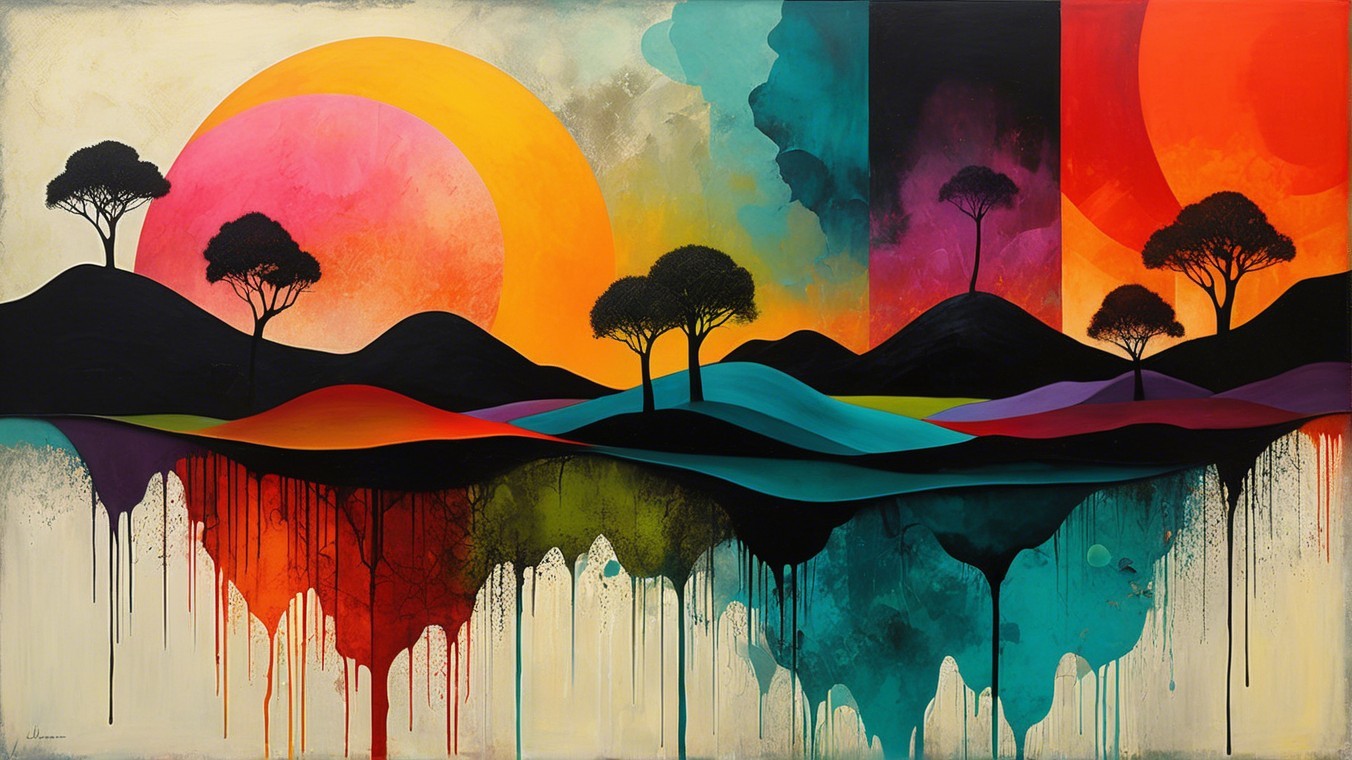 Vibrant Abstract Landscape with Colorful Hills and Trees