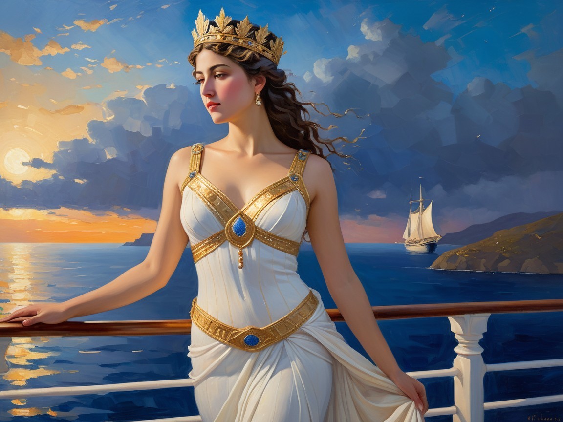 Regal woman in elegant gown on ship at sunset