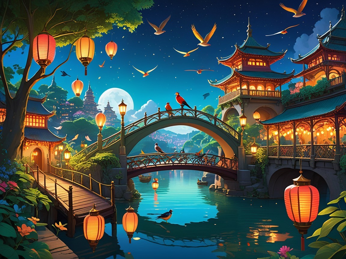 Serene Night Landscape with Asian Architecture and Lanterns
