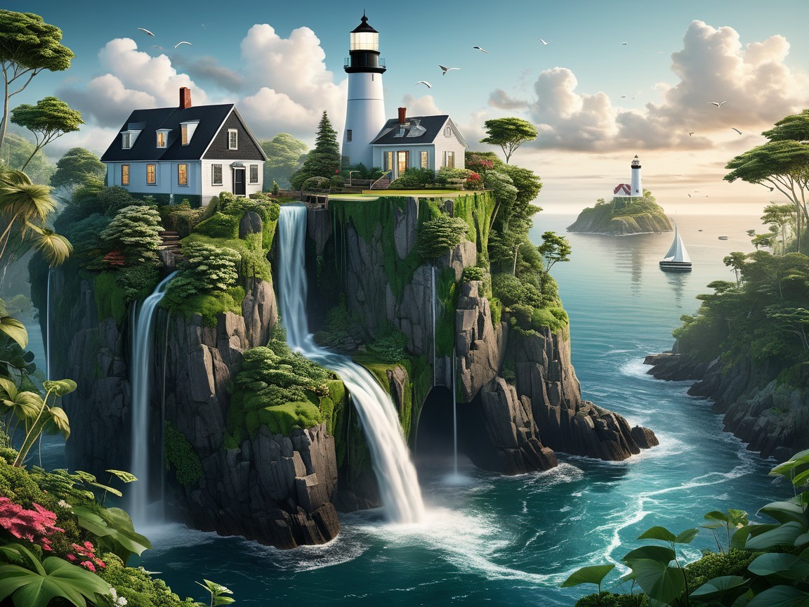 Coastal Scene with Houses, Waterfalls, and Lighthouse