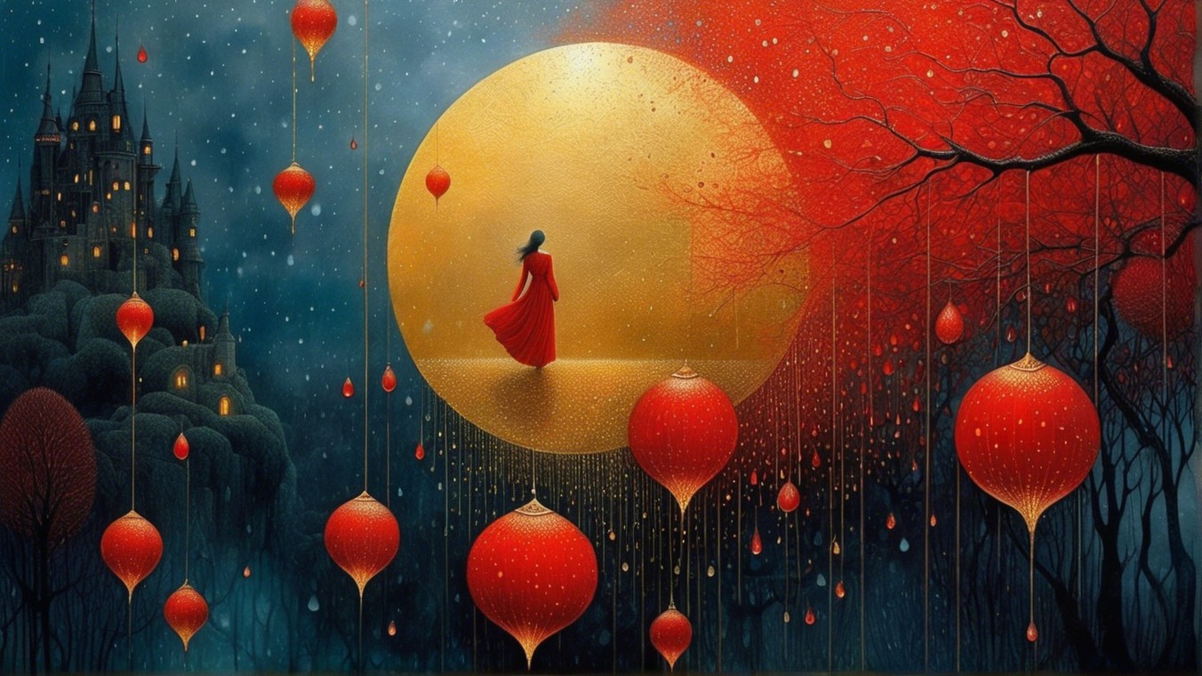Serene landscape with golden moon and red lanterns