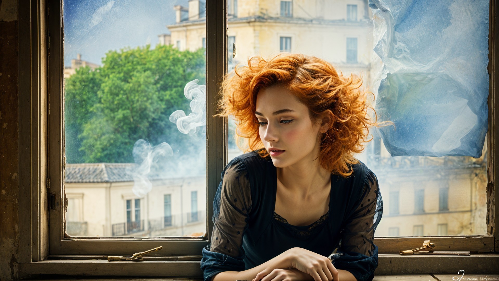 Young woman with red hair gazes out window in city