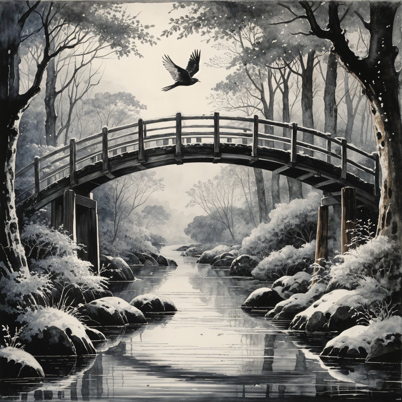 Serene Winter Landscape with Wooden Bridge and River