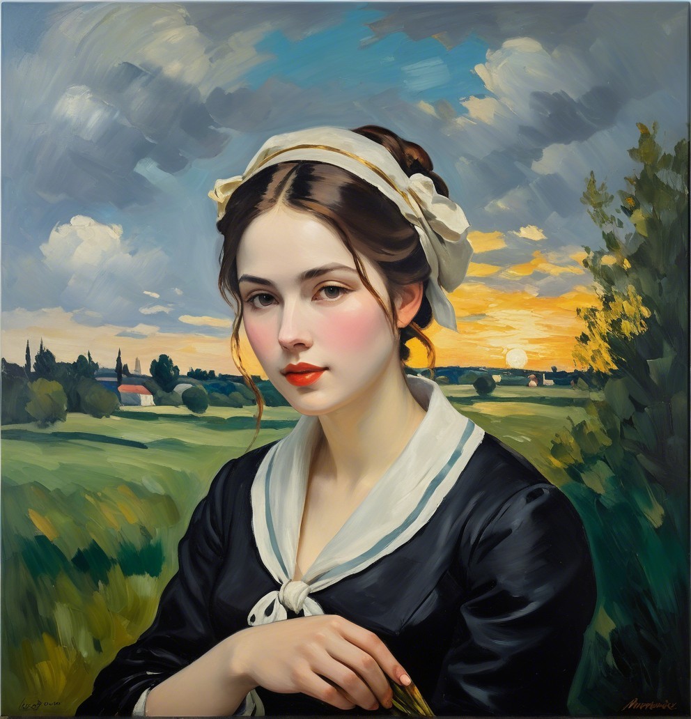 Young Woman in Traditional Outfit Against Serene Sunset
