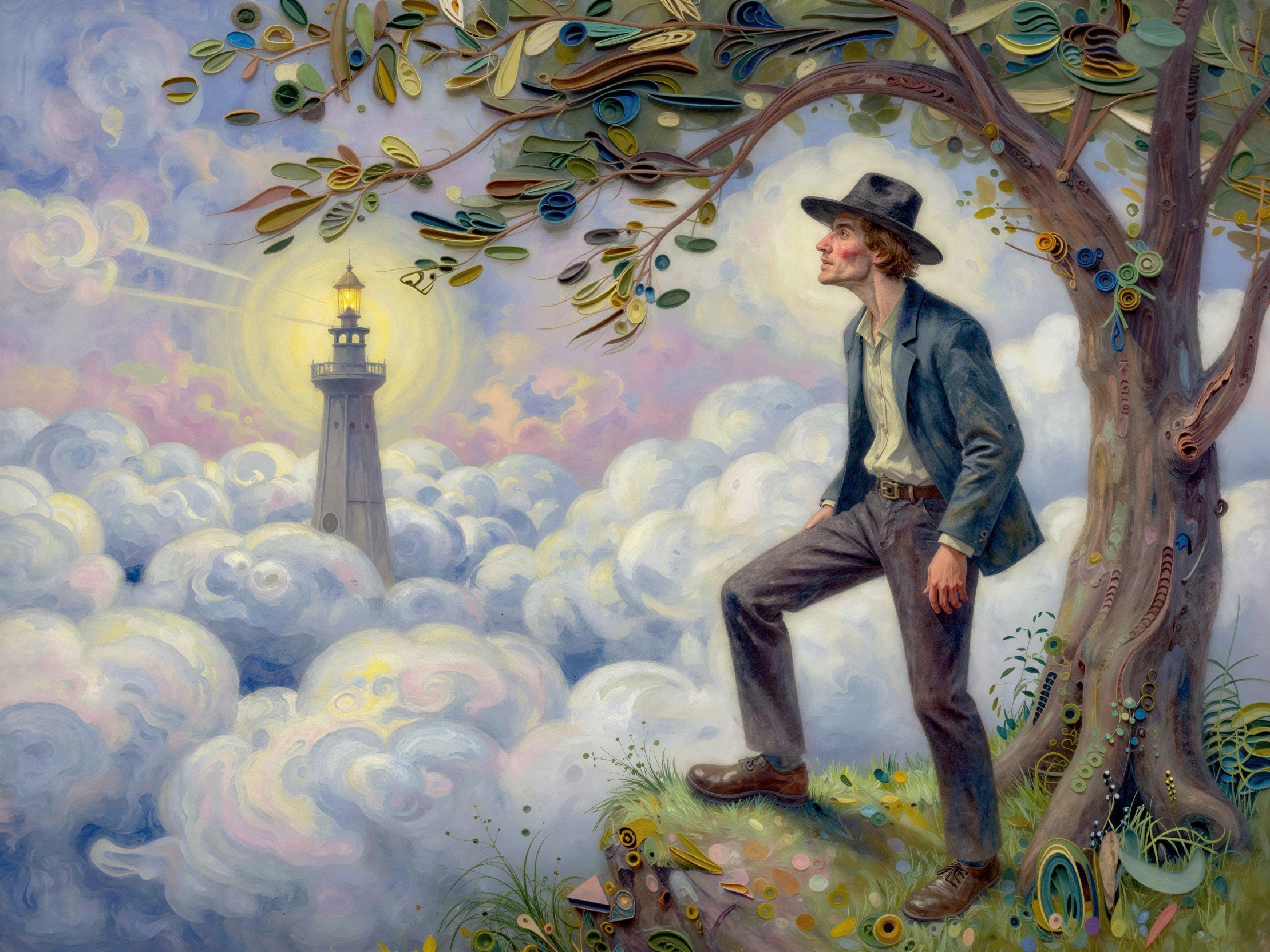 Illustration of a man on a hill near a lighthouse