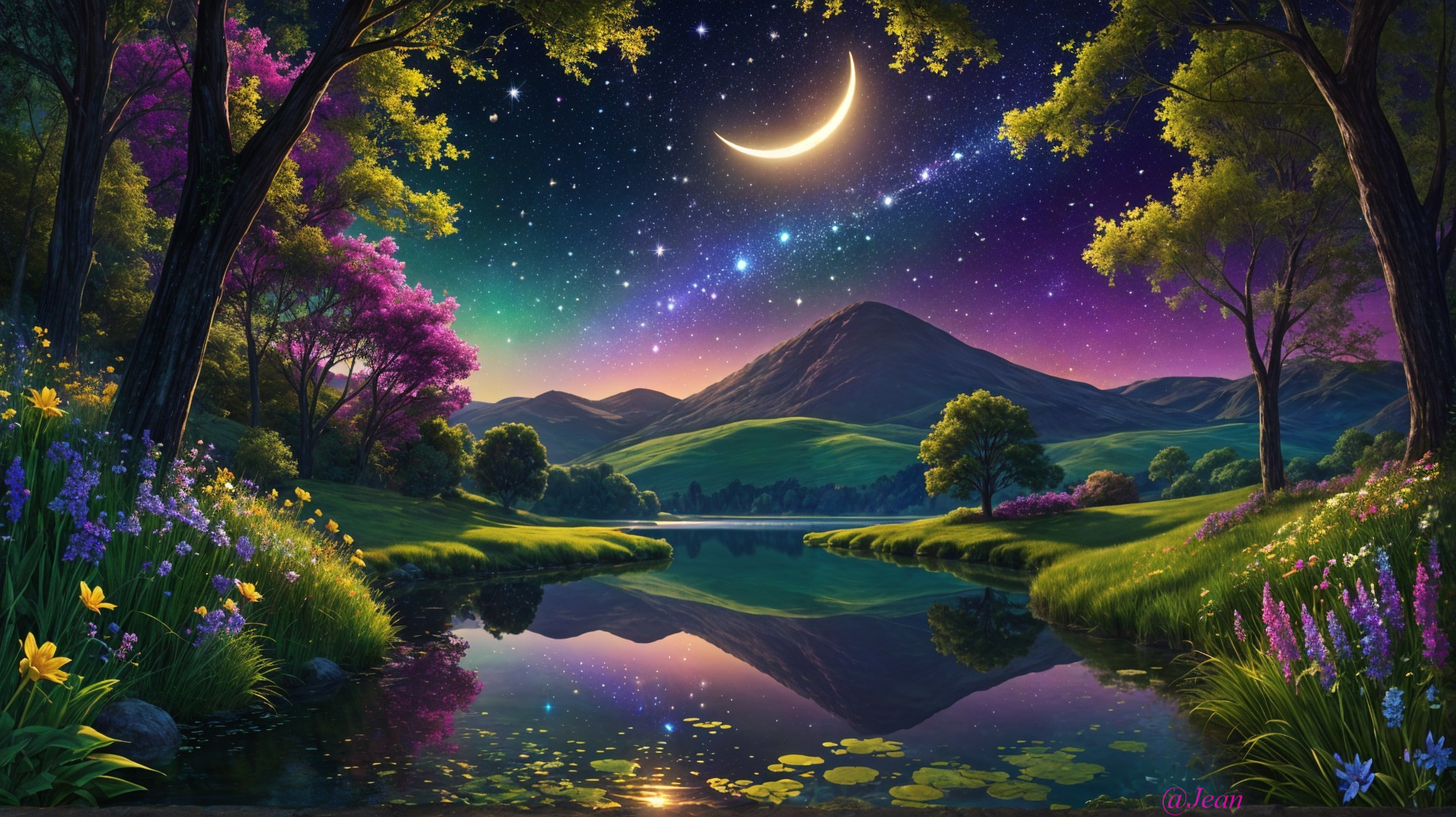 Twilight Landscape with Lake and Lush Green Hills