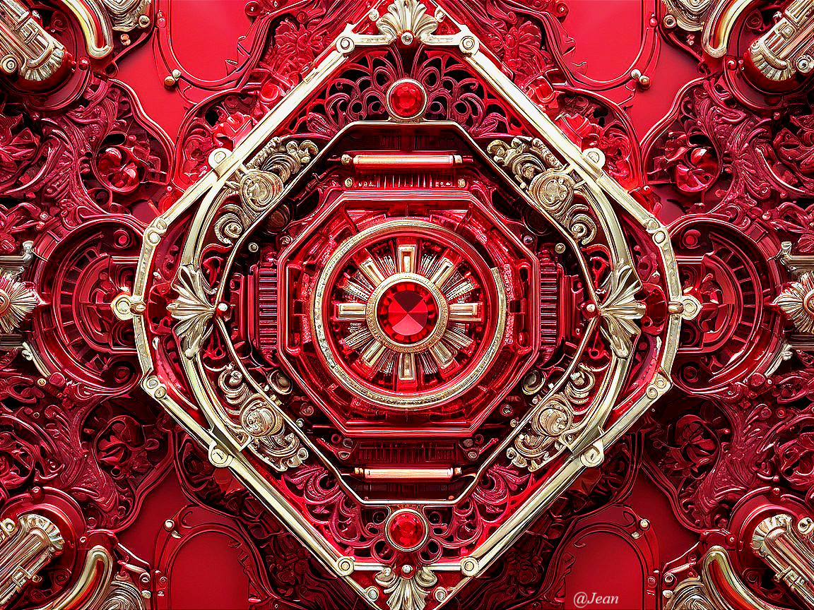 Intricate Circular Design with Red and Gold Patterns