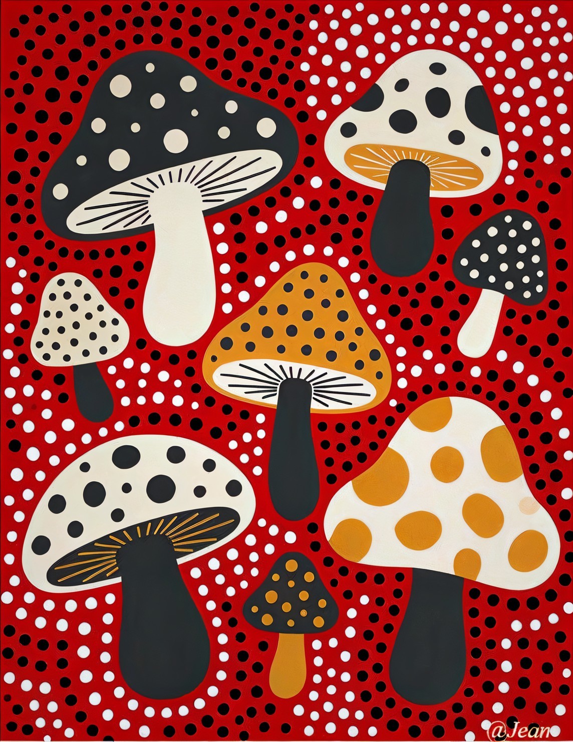 Stylized Mushrooms Illustration on Red Background