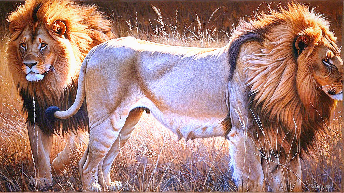 Majestic Lions in Golden Grassland Landscape