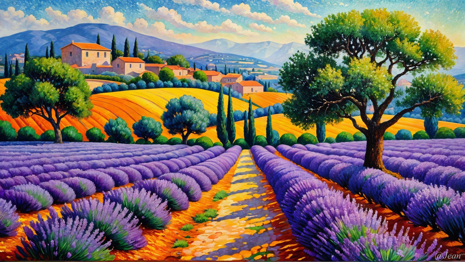 Lavender Fields and Wheat Under a Blue Sky Landscape