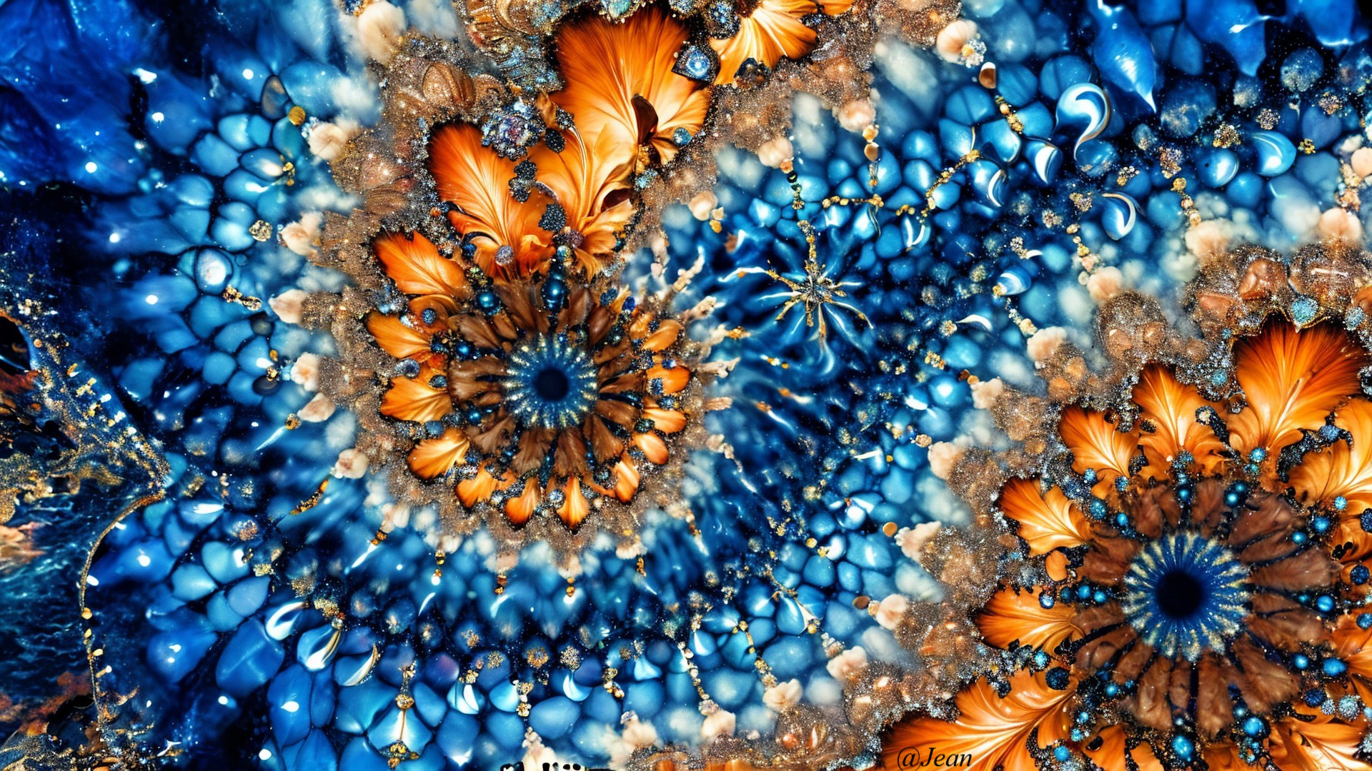 Vibrant Digital Artwork with Blue, Orange, and Gold Patterns