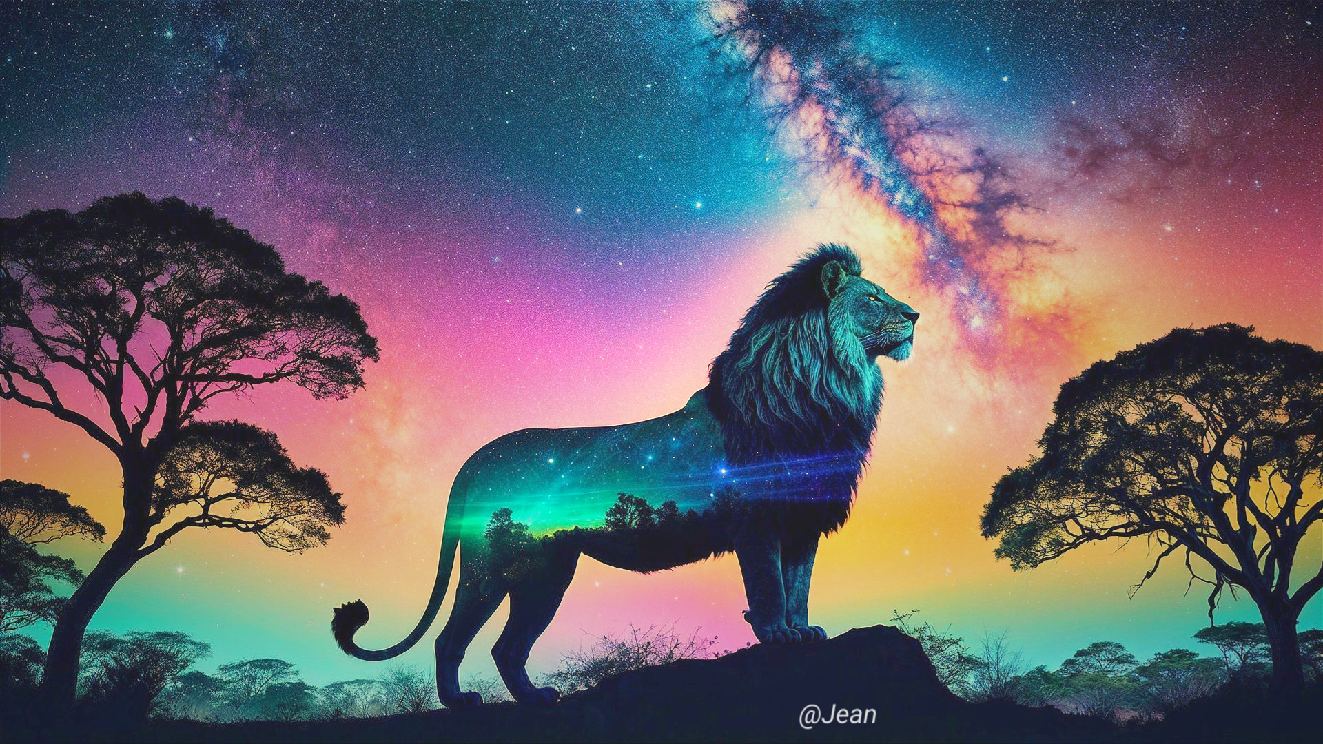 Majestic lion on rocky outcrop with cosmic backdrop
