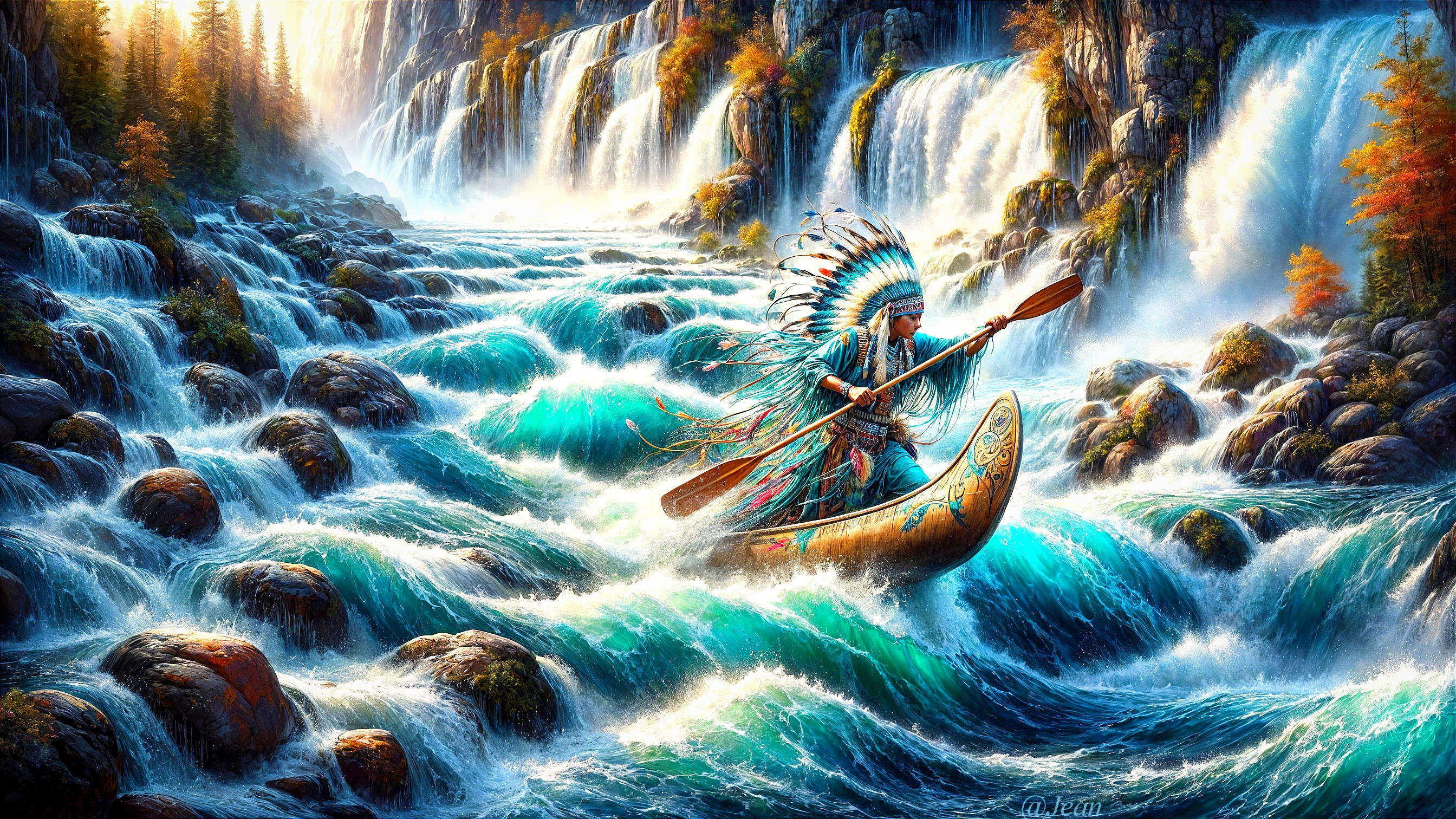 Native American Figure in Canoe on Turbulent River