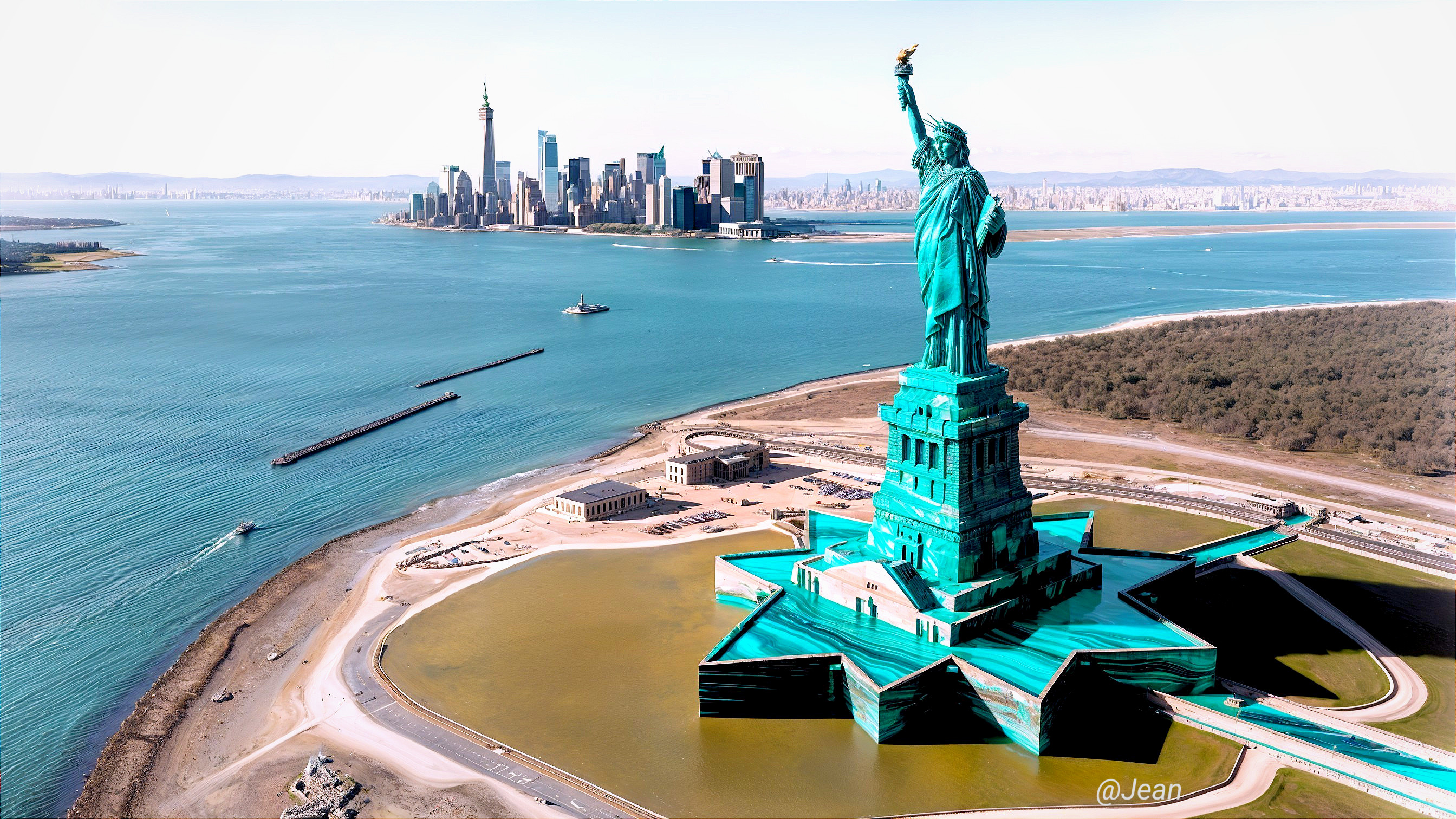 Aerial View of the Statue of Liberty on Liberty Island