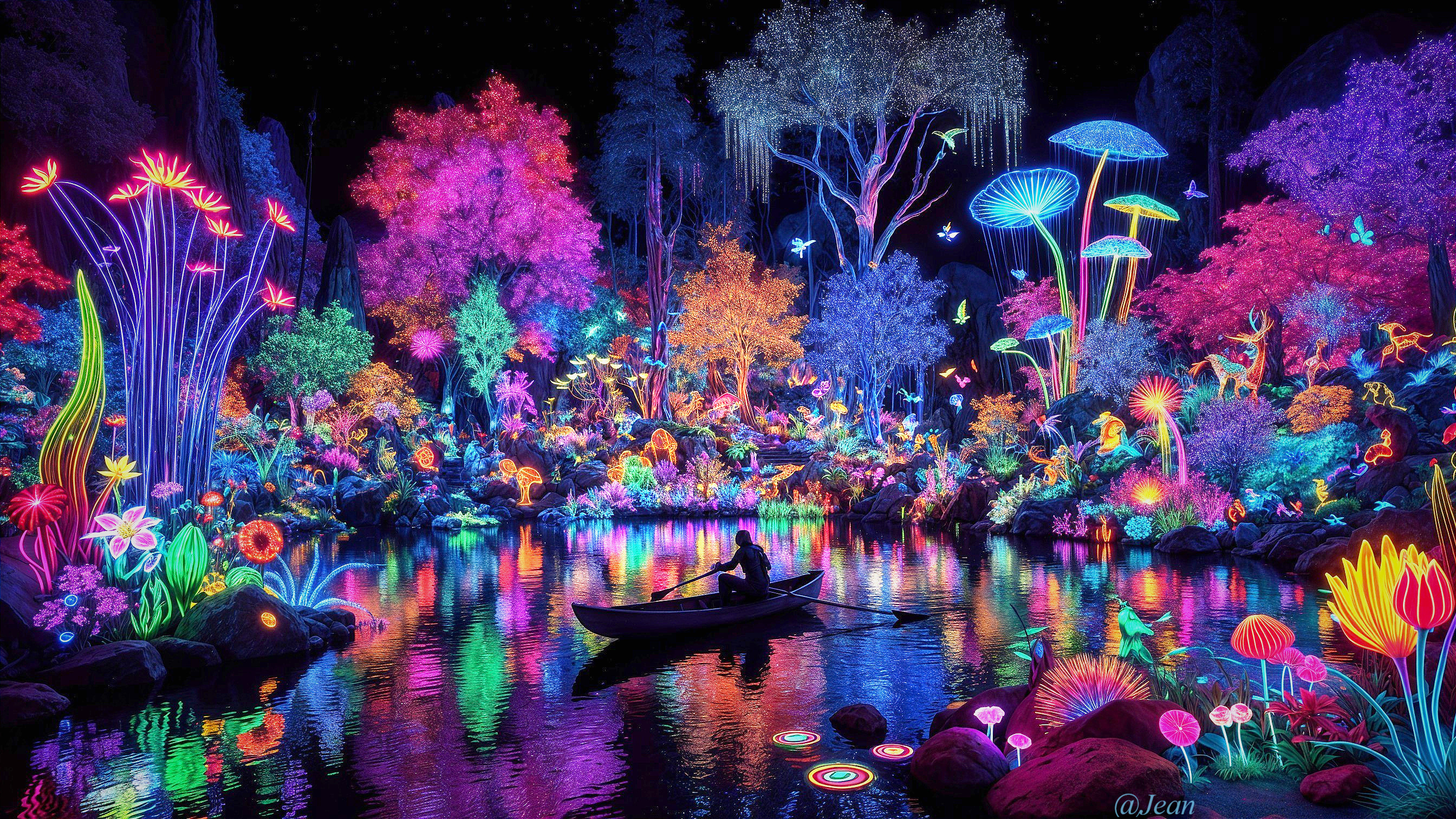 Neon-lit landscape with serene lake and glowing flora