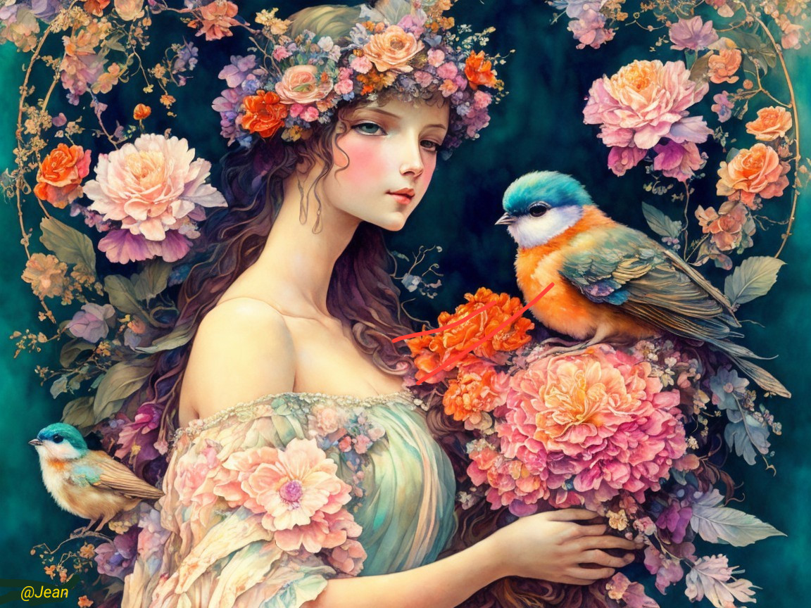 Serene Woman with Floral Crown Surrounded by Roses