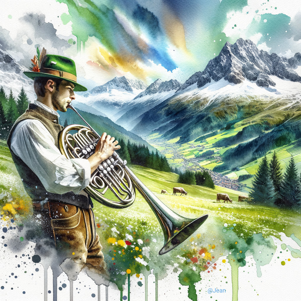 Musician in Traditional Attire Playing French Horn Outdoors