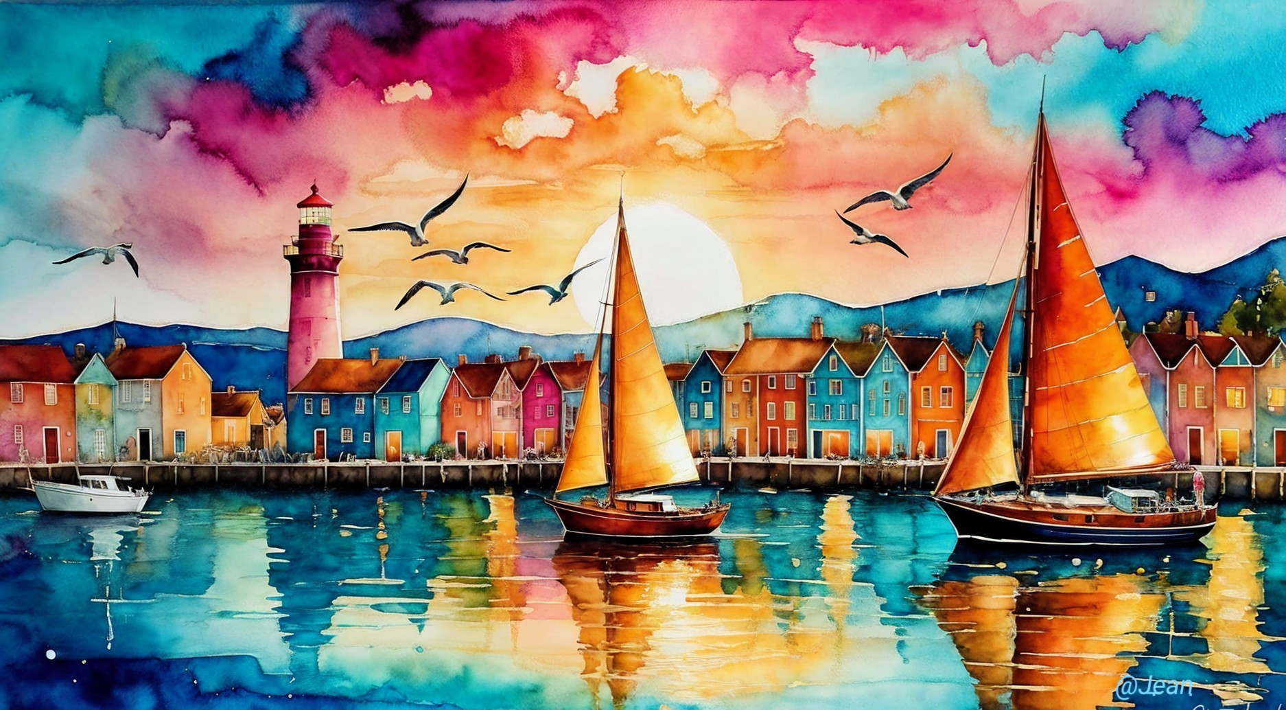 Vibrant Waterfront Sunset with Colorful Houses and Boats
