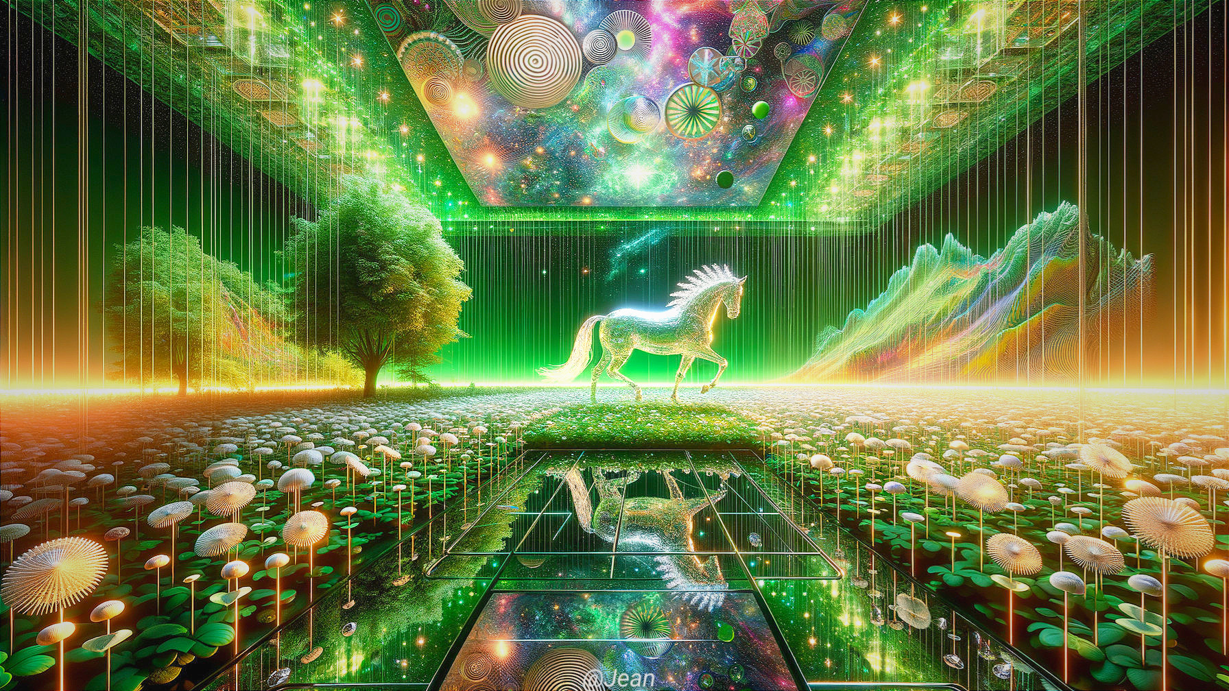 Surreal Landscape with Unicorn and Dreamlike Elements