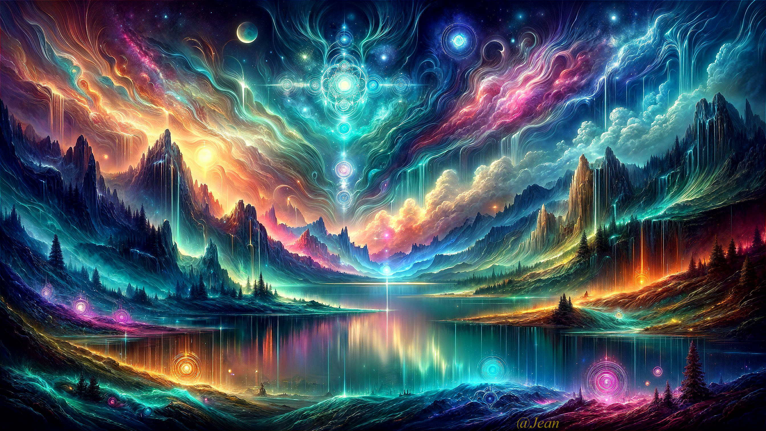 Surreal Landscape with Majestic Mountains and Cosmic Sky