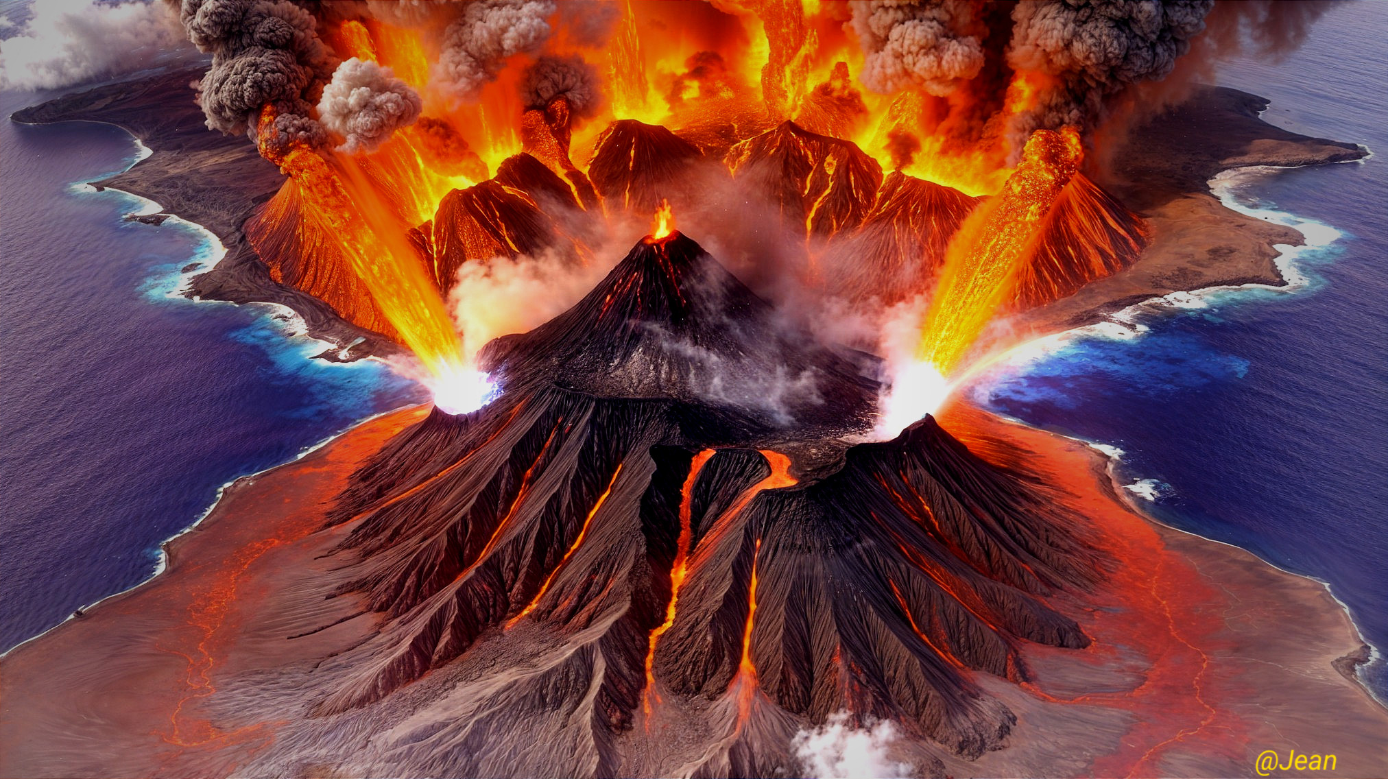 Aerial View of Erupting Volcano with Lava and Ash