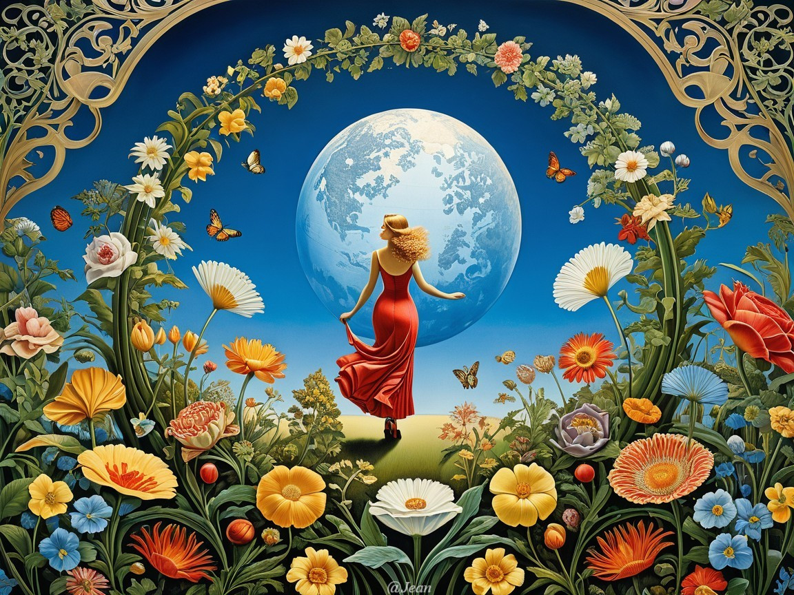 Woman in Red Dress in Lush Flower Garden Scene