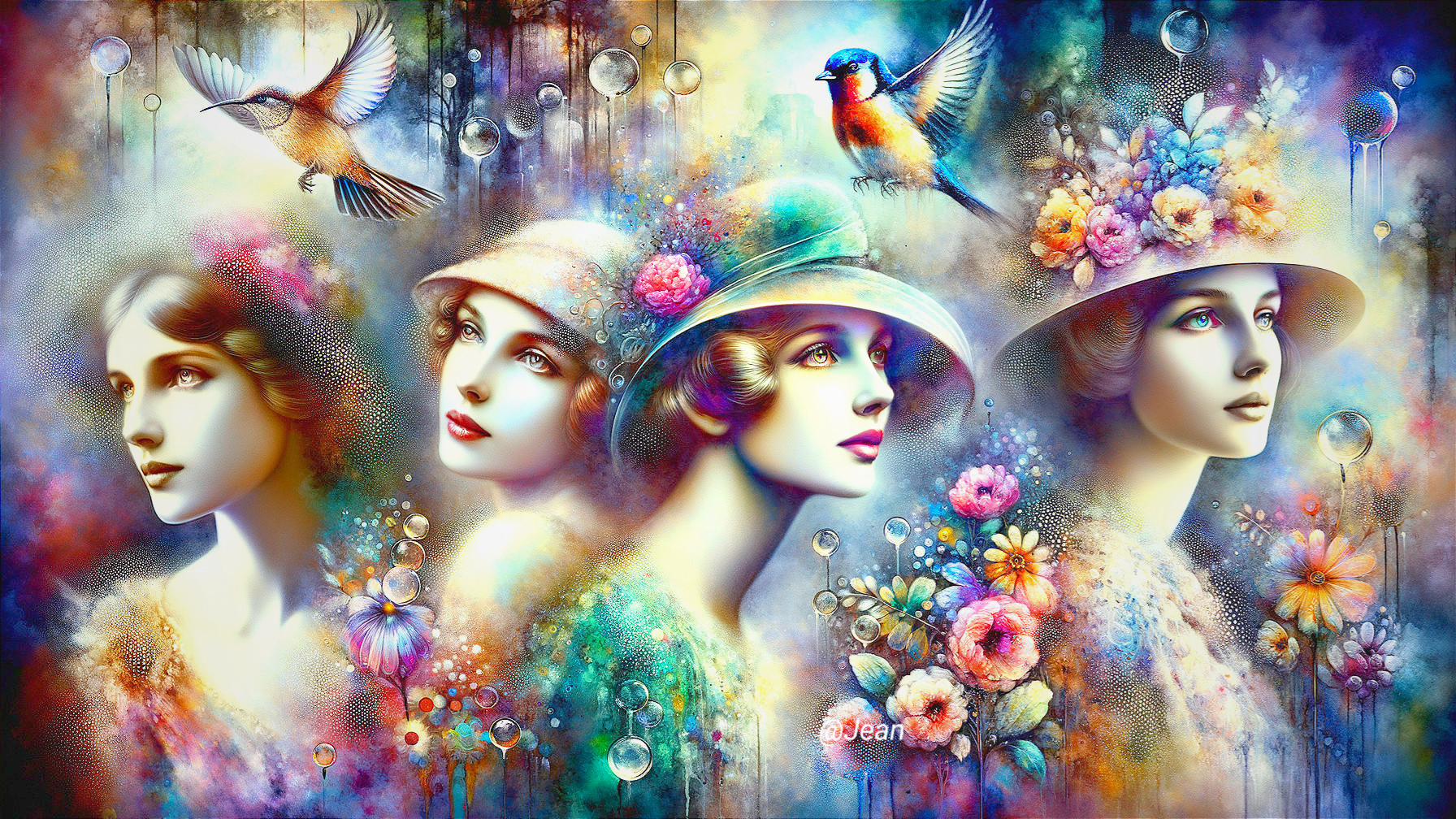 Surreal Composition of Women with Flowers and Bubbles