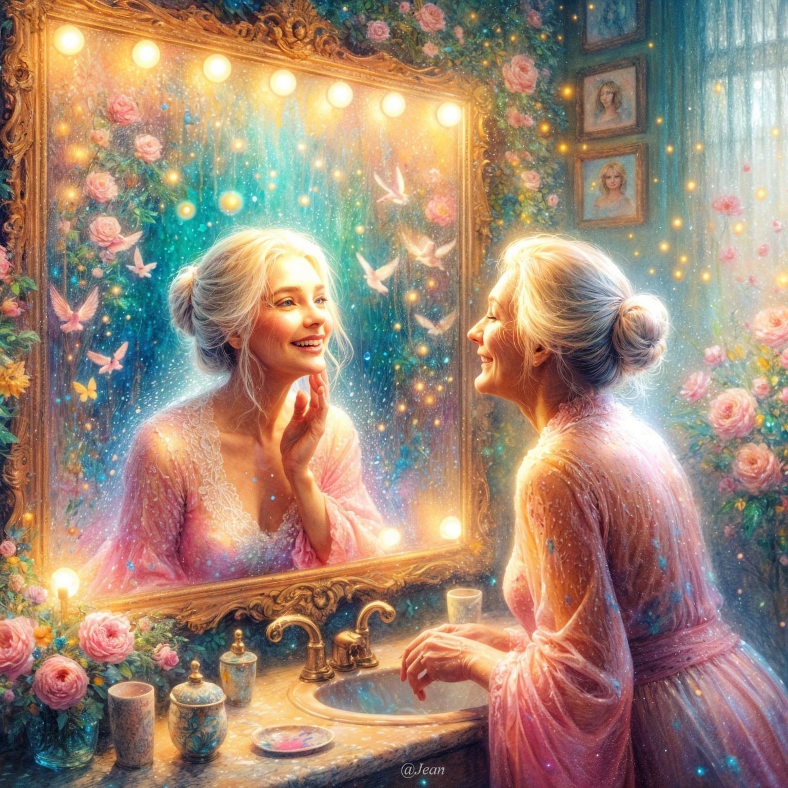 Dreamy Room with Flowers and Ethereal Reflection