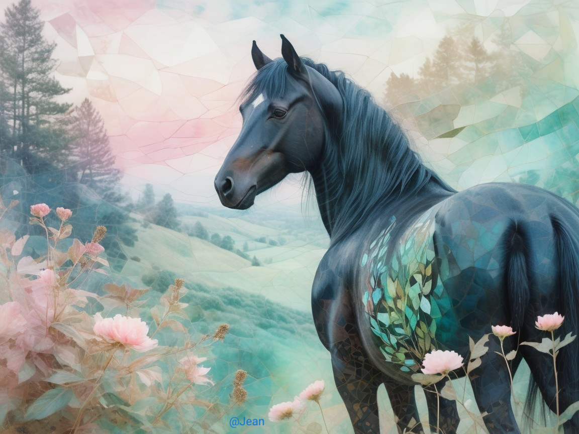 Majestic Black Horse with Colorful Floral Patterns