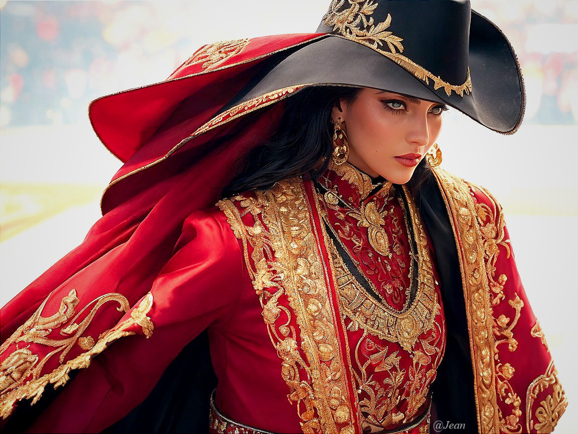 Traditional Red and Gold Outfit with Dramatic Hat
