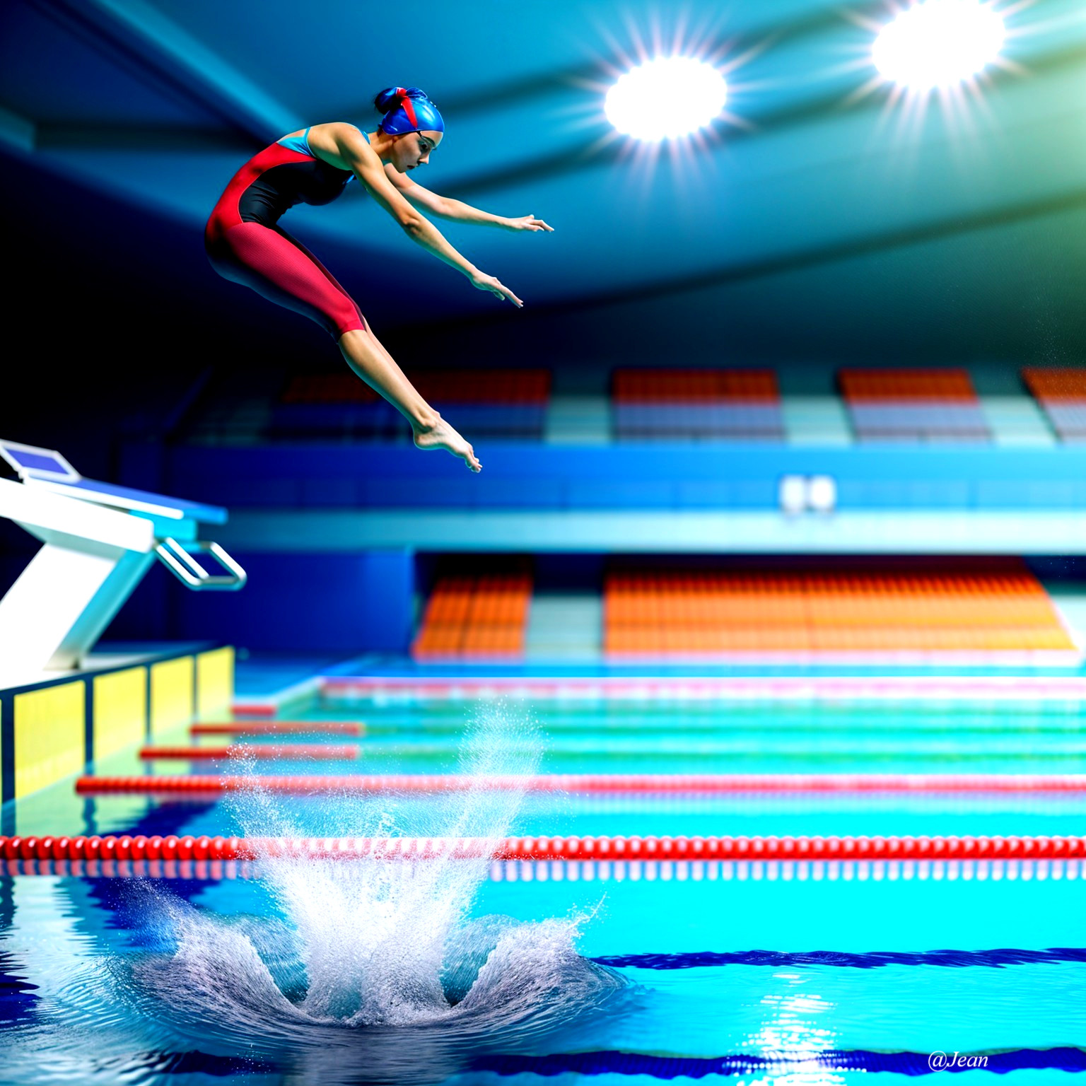 Female Diver in Red Swimsuit Leaping into Pool