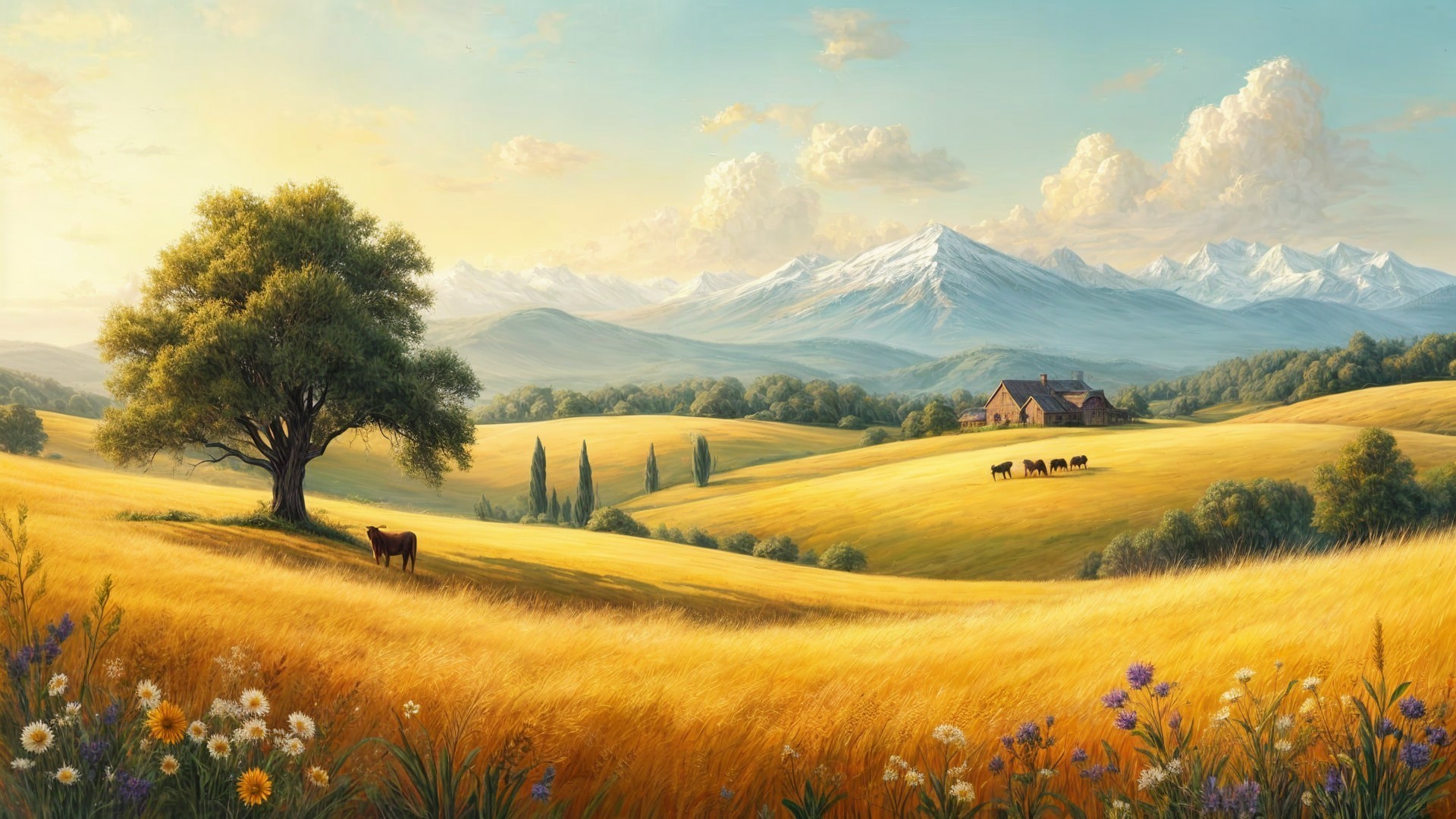 Serene Landscape with Fields, Mountains, and Wildlife