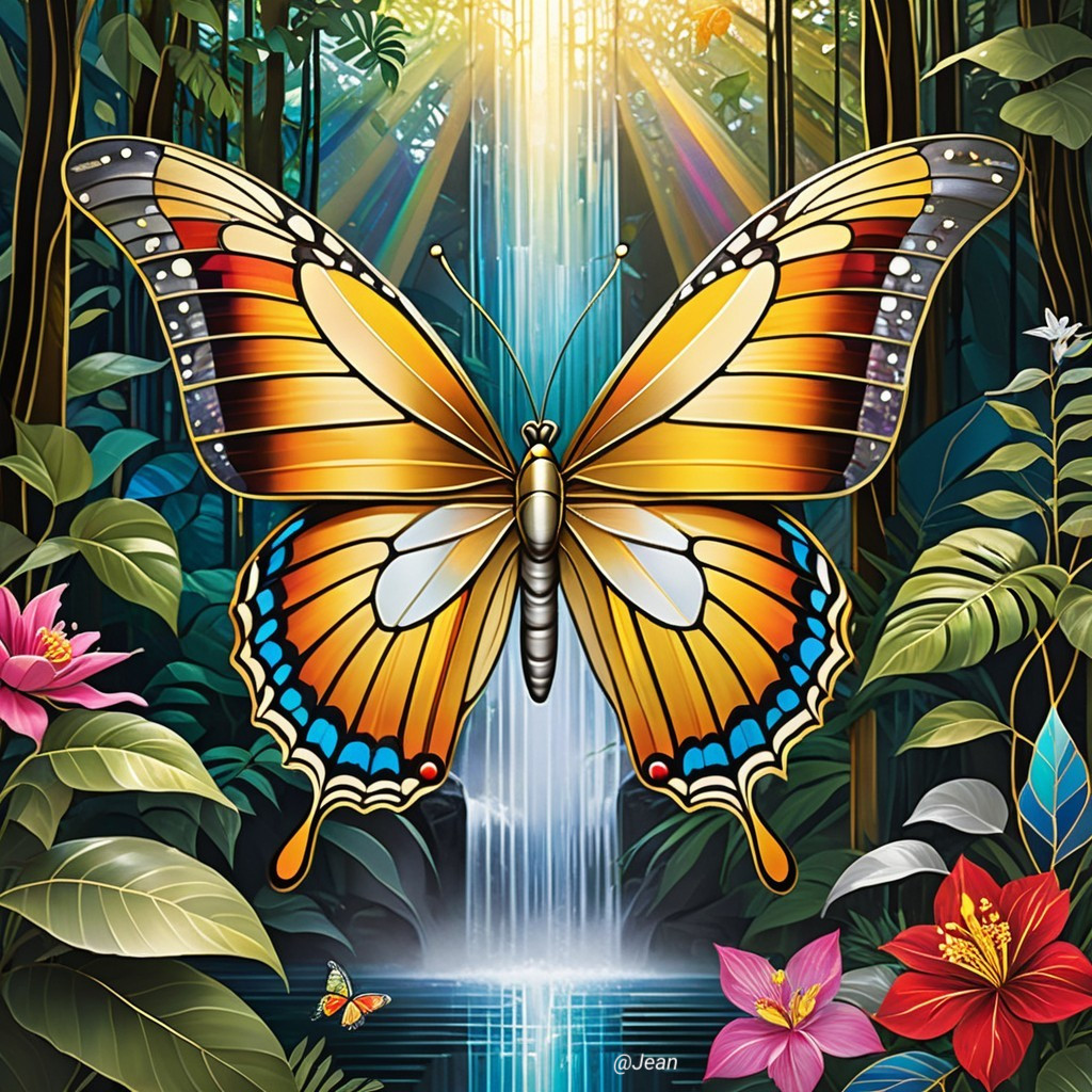 Vibrant Butterfly in Lush Jungle with Waterfall